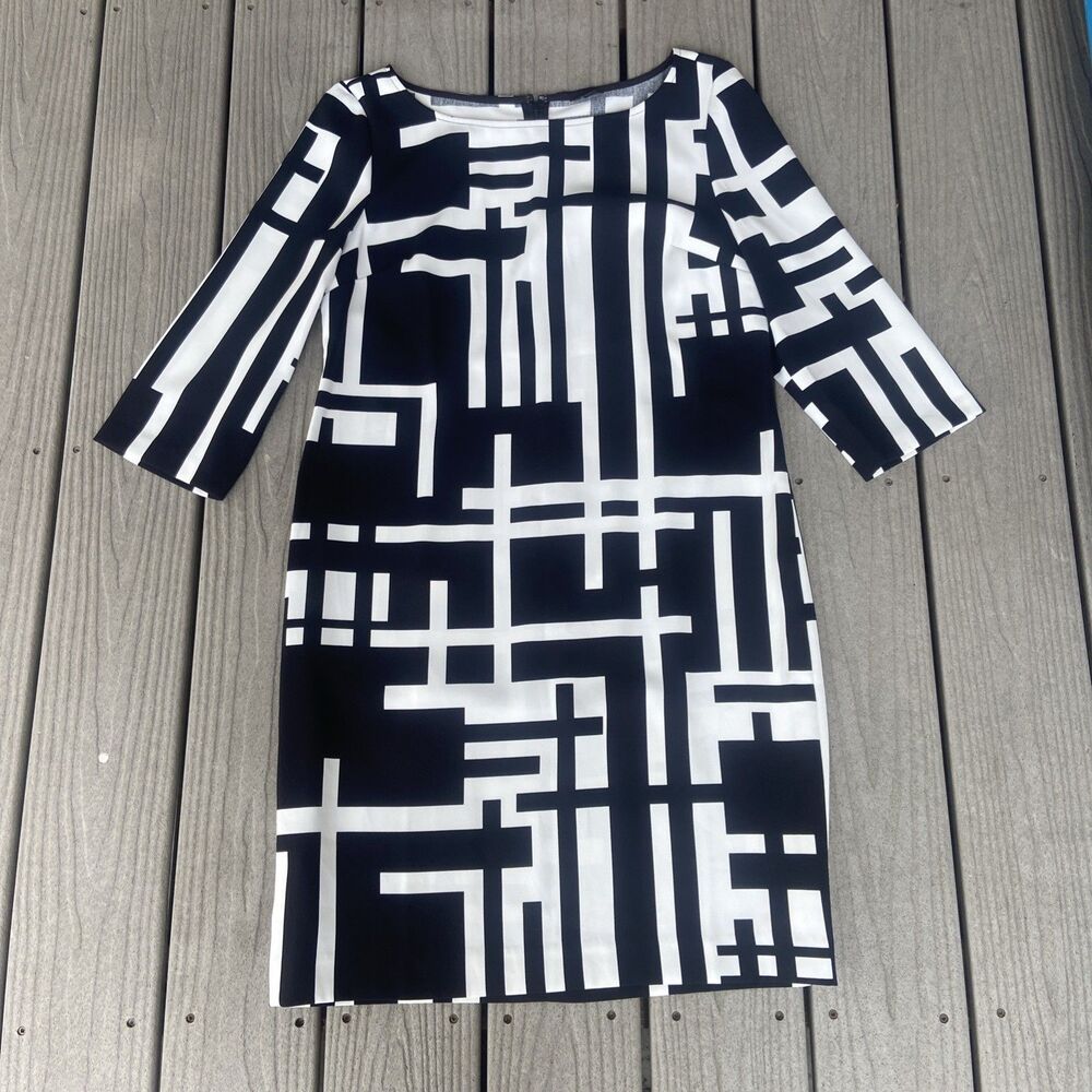 Ann Taylor Black and White Geometric Design Shift Career Dress Size 12 Knee